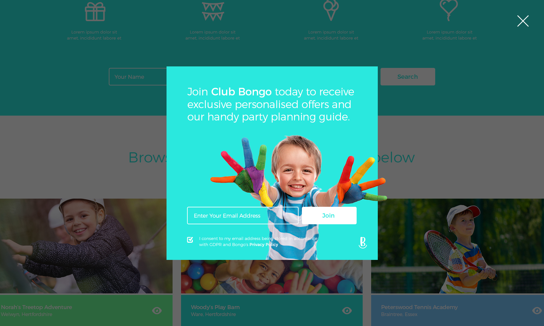 Join Club Bongo overlay design for the Bongo Parties website.