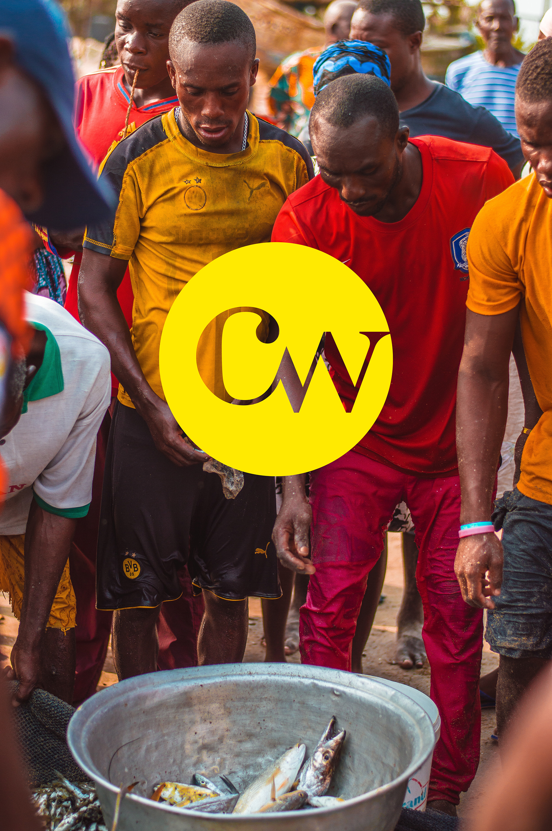 Chronicle World's CW logo design featuring a group of African men at a fish market.
