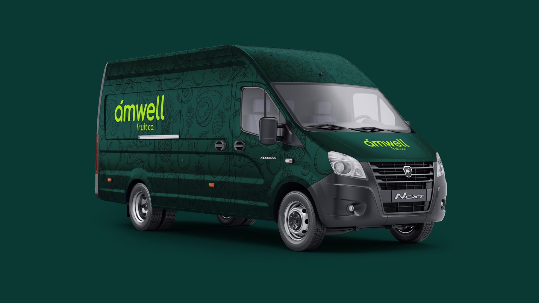 Amwell Fruit van signage wrap design in green with hand-drawn fruit.
