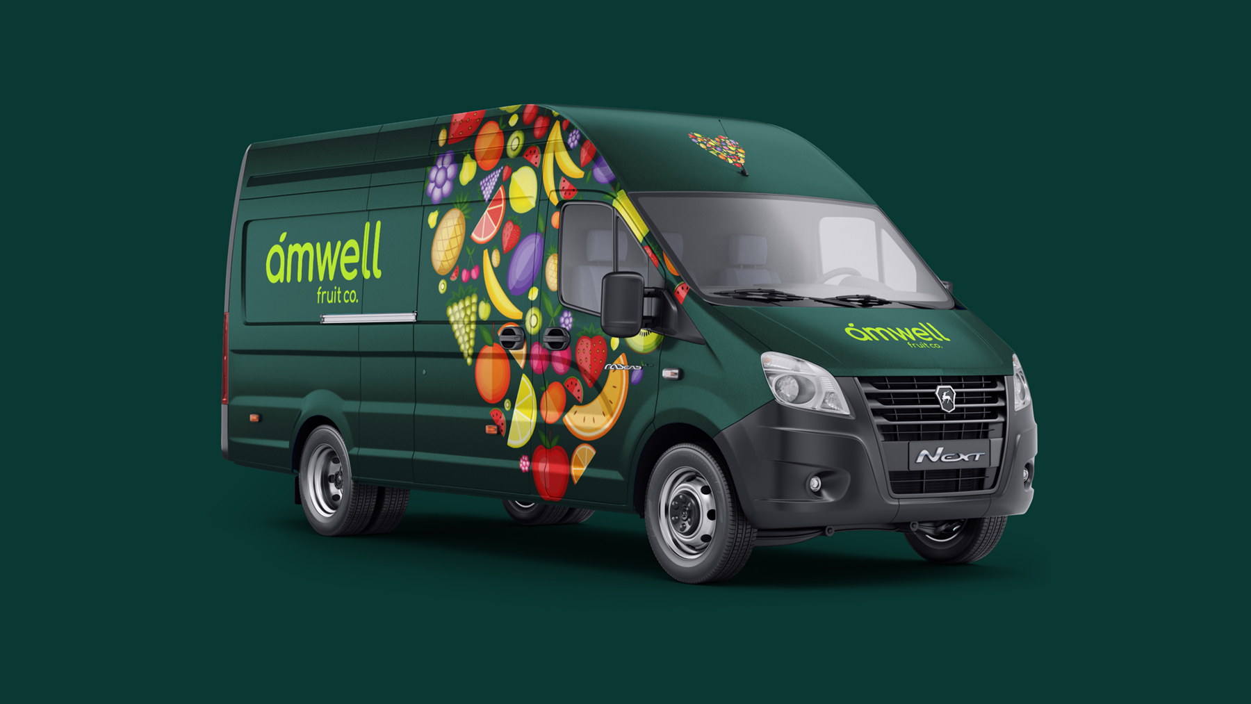 Amwell Fruit van signage design with vector fruit illustration shaped in a heart.
