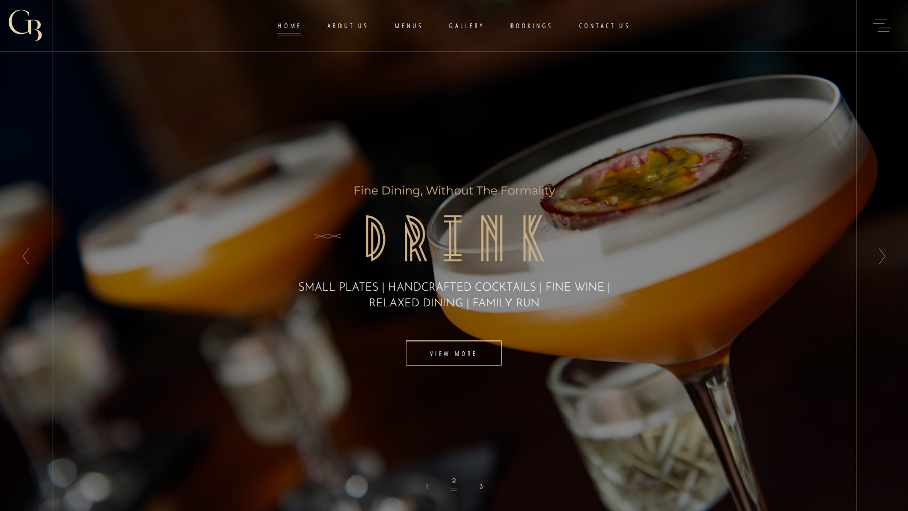 Homepage hero design for Chez Burton restaurant featuring a row of passion fruit cocktails.