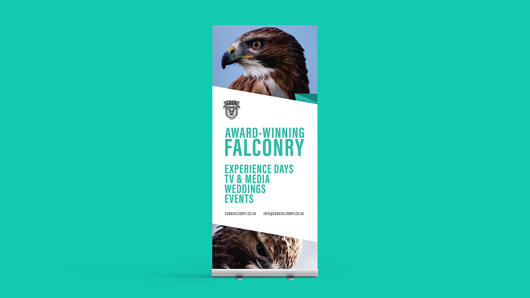 Roller banner design featuring a red-tailed hawk for Coda Falconry.