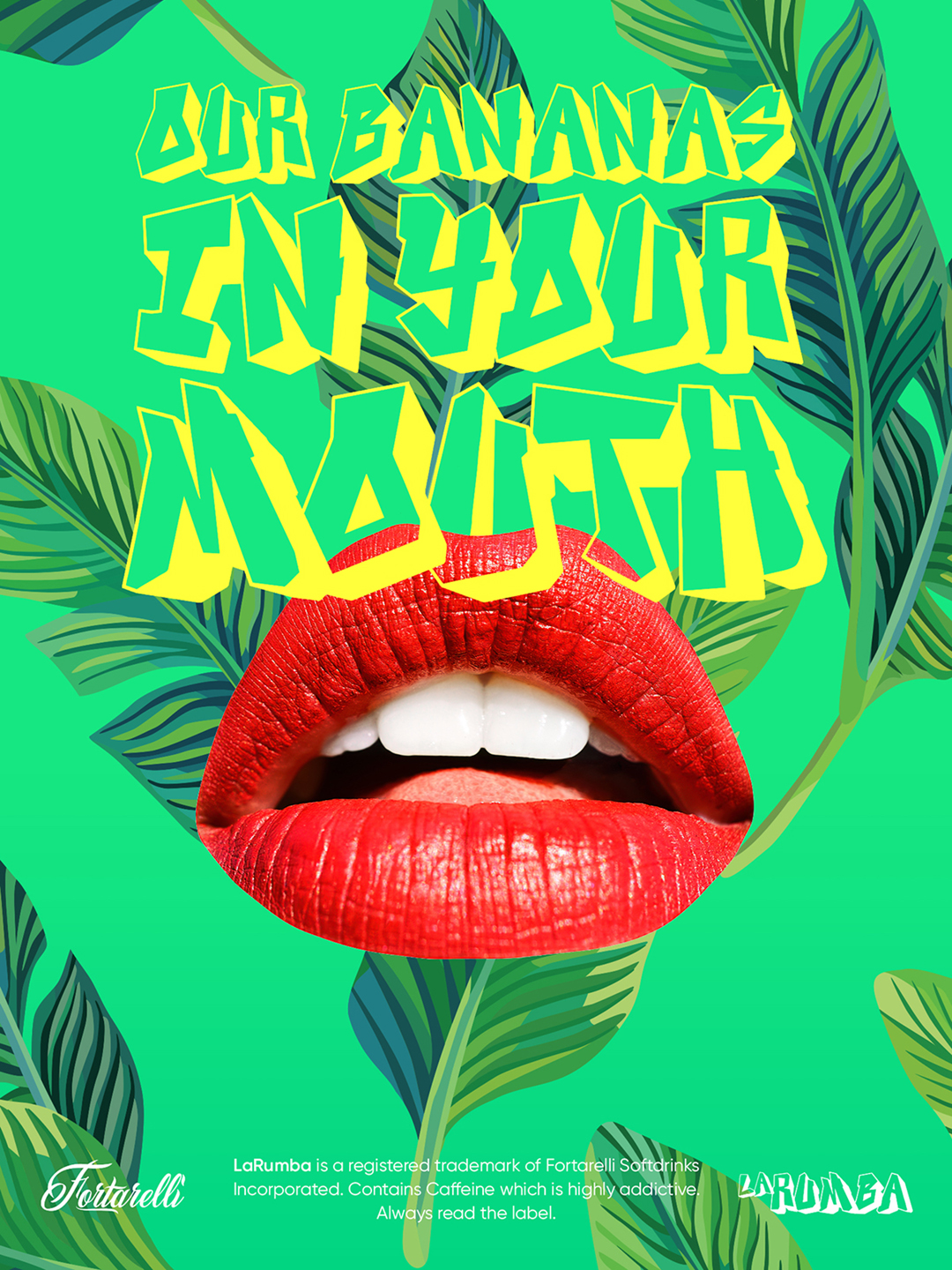 An advertising campaign poster for a soft drinks brand featuring red lips and banana leaves.