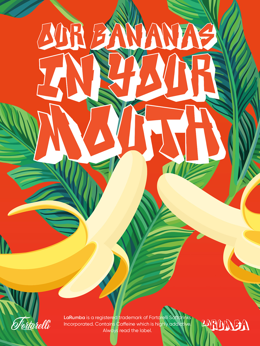 An advertising campaign poster for a soft drinks brand featuring two dueling bananas.
