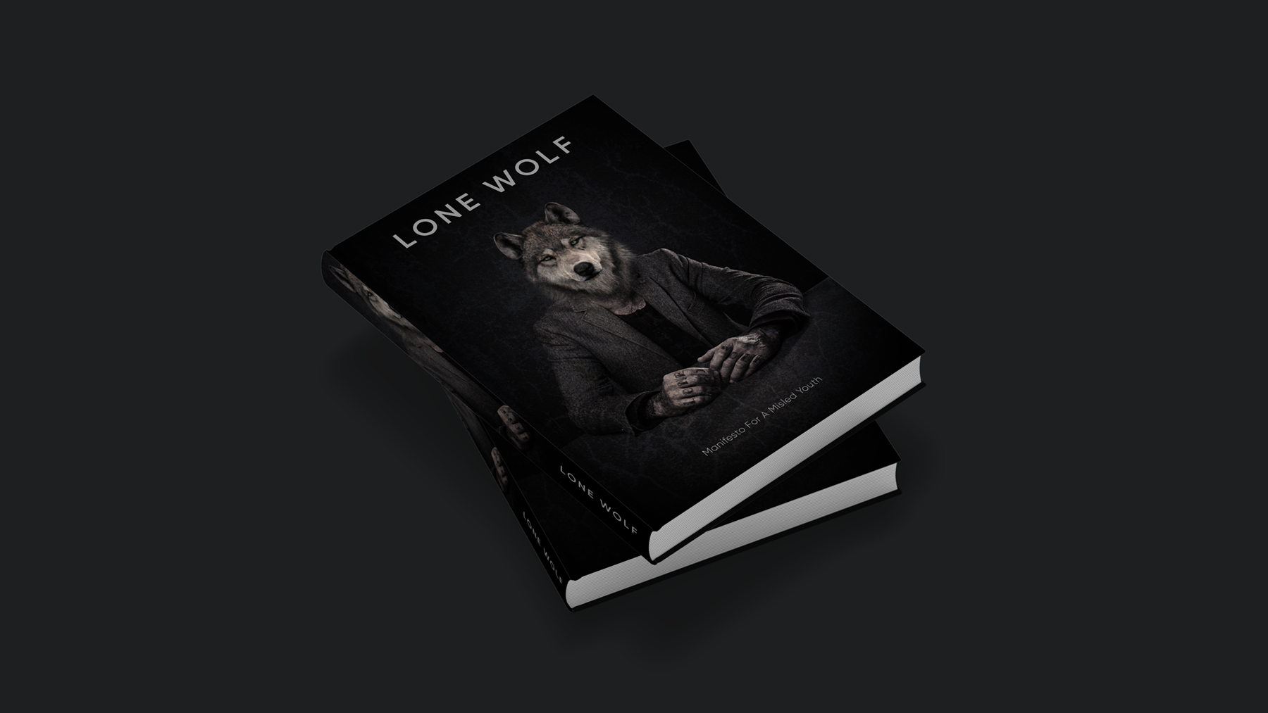 Book cover design featuring a man with a wolf's head.