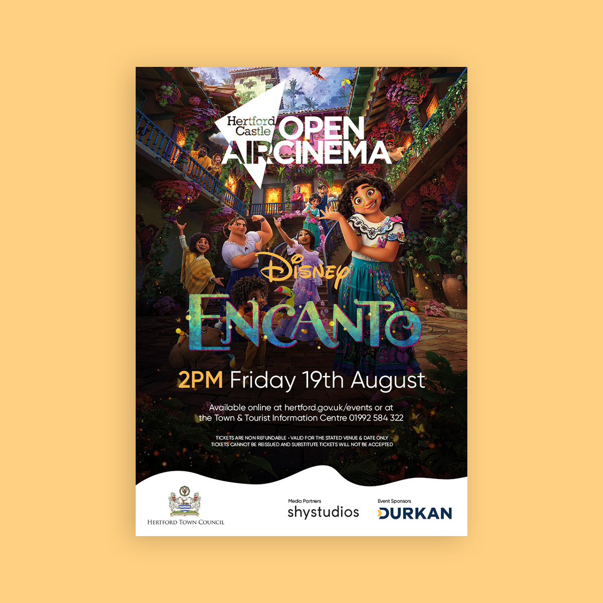 Poster design for Hertford Town's open-air cinema featuring Disney's Encanto.