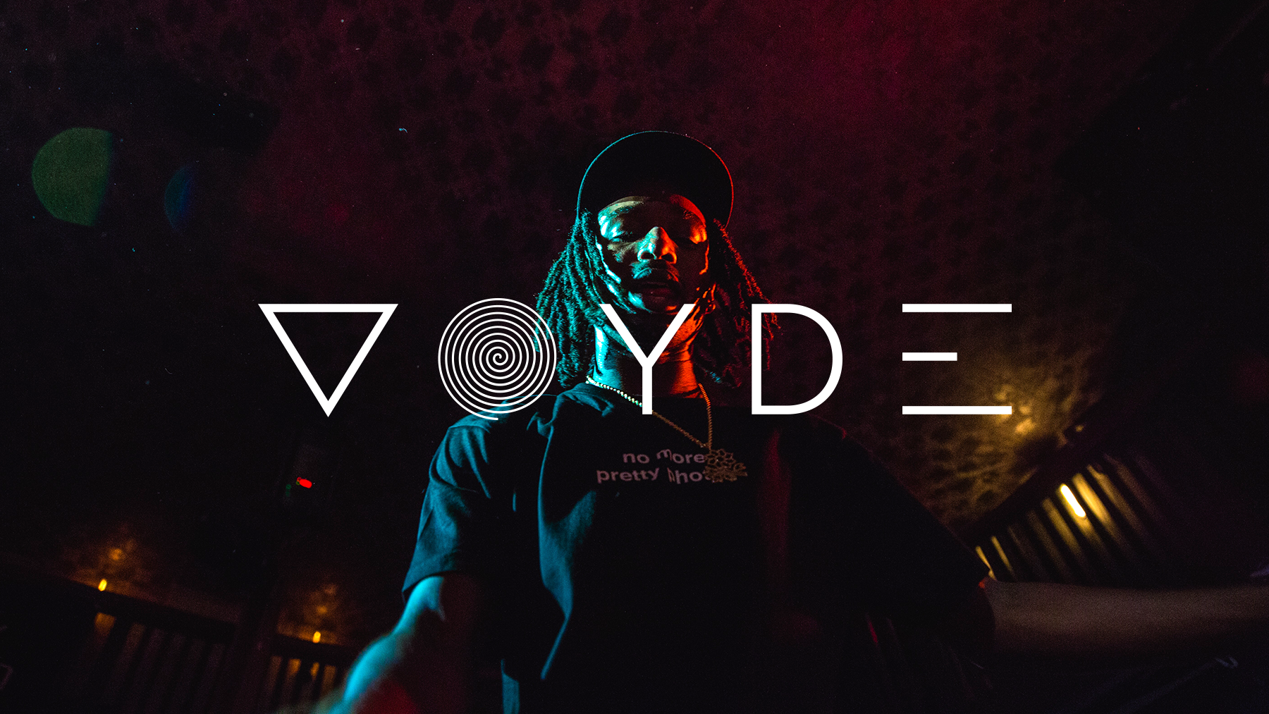 Voyde final brand design over a photograph of musician Eddie Varba.
