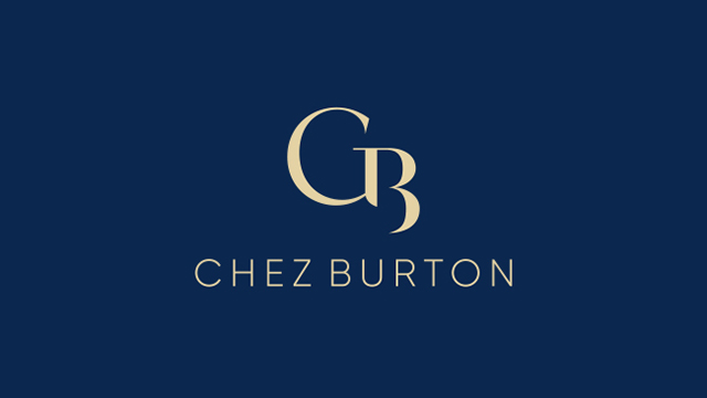 Final brand design for restaurant Chez Burton in gold over a solid navy blue background.