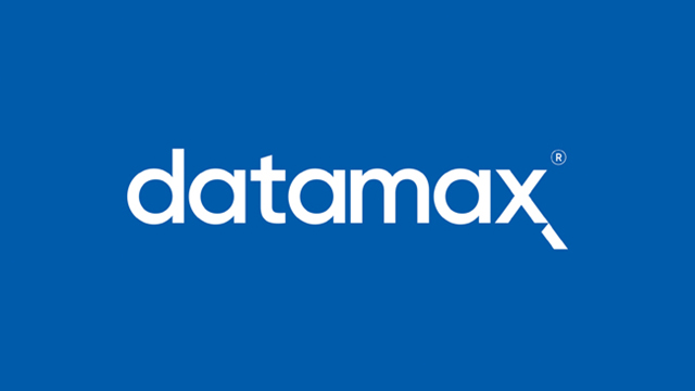 Datamax brand identity design on a solid blue background.