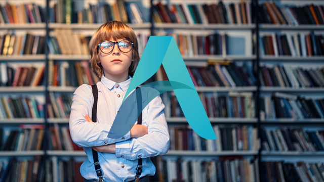 Young, smart boy in the library behind the Able brand mark design.