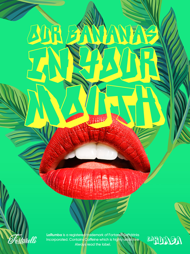 An advertising campaign poster for a soft drinks brand featuring red lips and banana leaves.